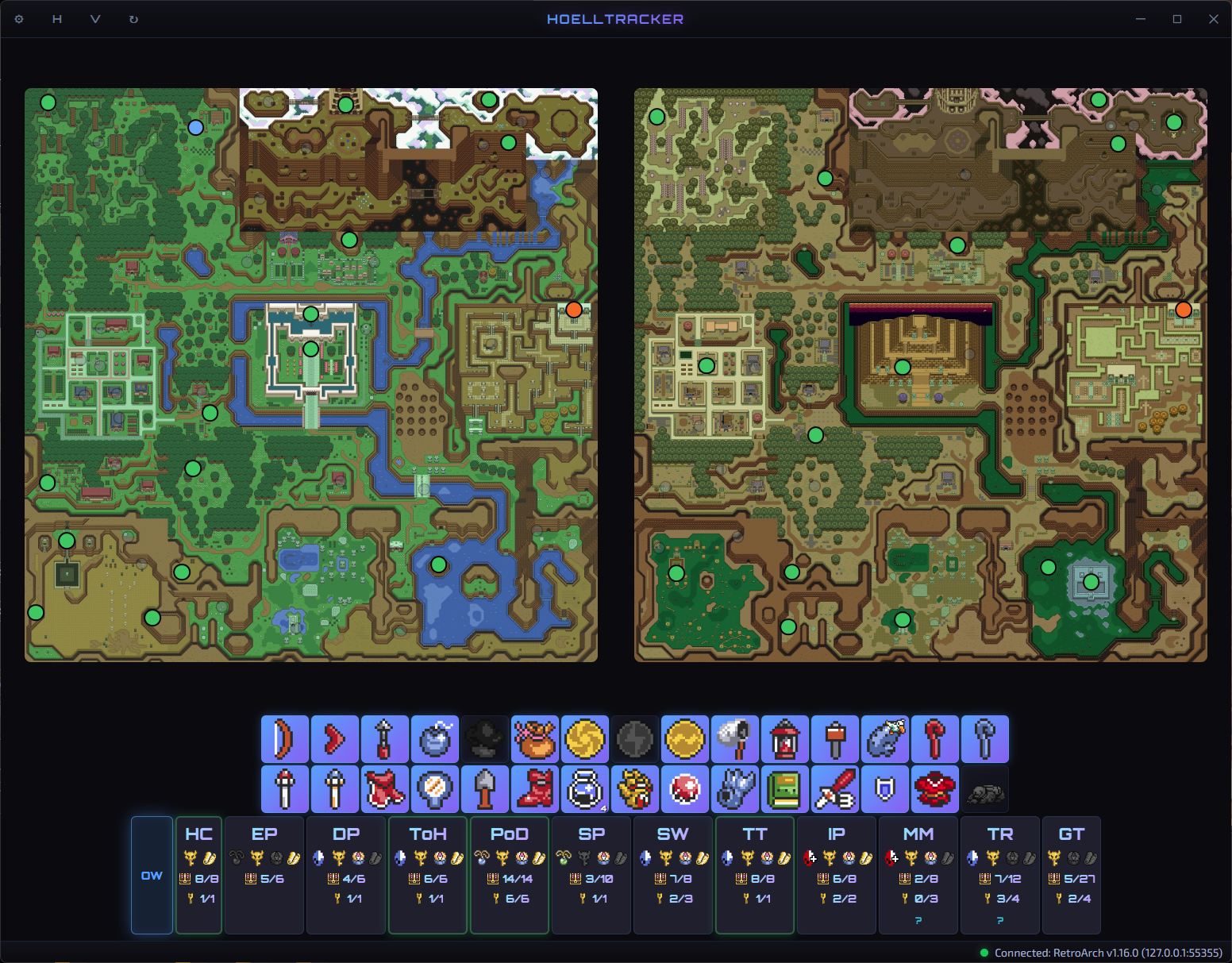 HoellTracker main window showing dual world maps, item grid, and dungeon bar